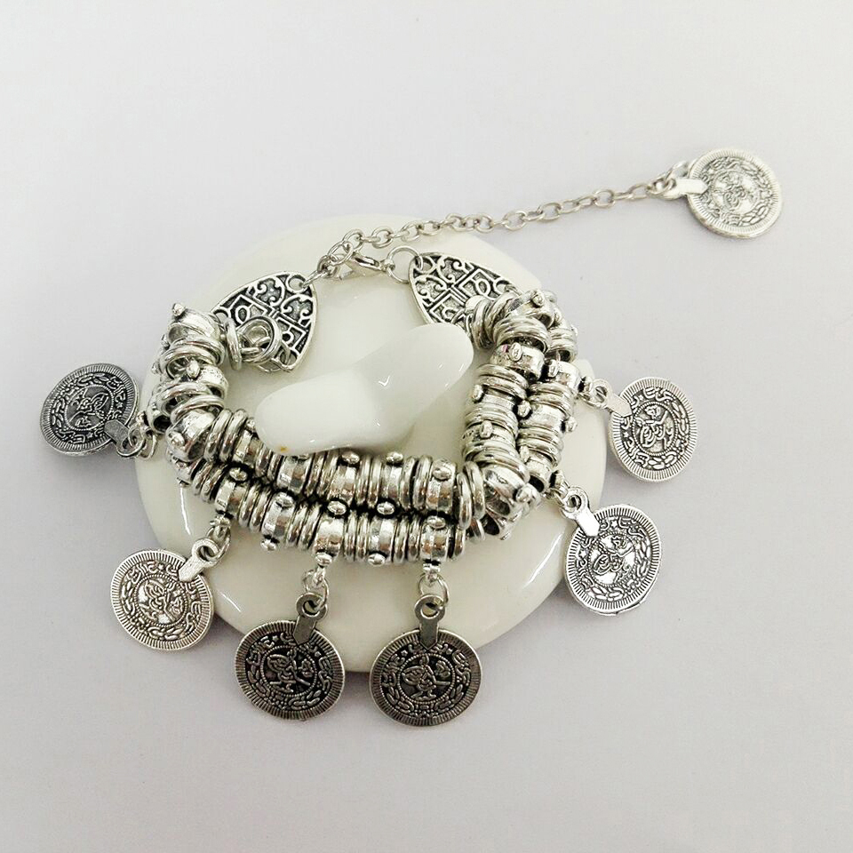 Wholesale-Bohemia Carved Plated Silver Coin Bracelet For Women Vintage Tassel Chunky Bracelet Bangle Acciaio Femme