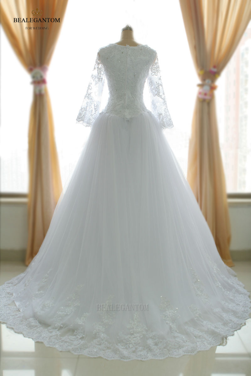 new elegant real photo long sleeves lace wedding dresses aline beaded appliques wedding party bridal gowns bm29
