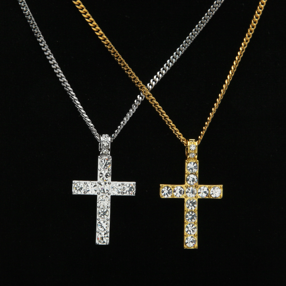 Hip Hop Cross Pendant Men Women Iced out Gold Silver Color Bling Rhinestone Crystal Cross Pendant Necklace Chain