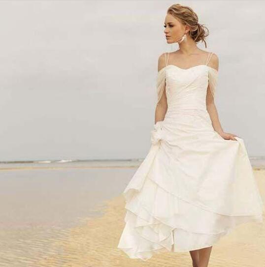 Beach Wedding Dresses 2017 Spaghetti Off The Shoulder Hand Made Flower Tiered Tea Length Bridal Gowns Custom Made China EN6027