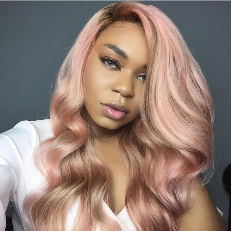 Free shipping Fashion natural wave hair rose gold color pink heat resistant fiber glueless long for womens synthetic lace front wig