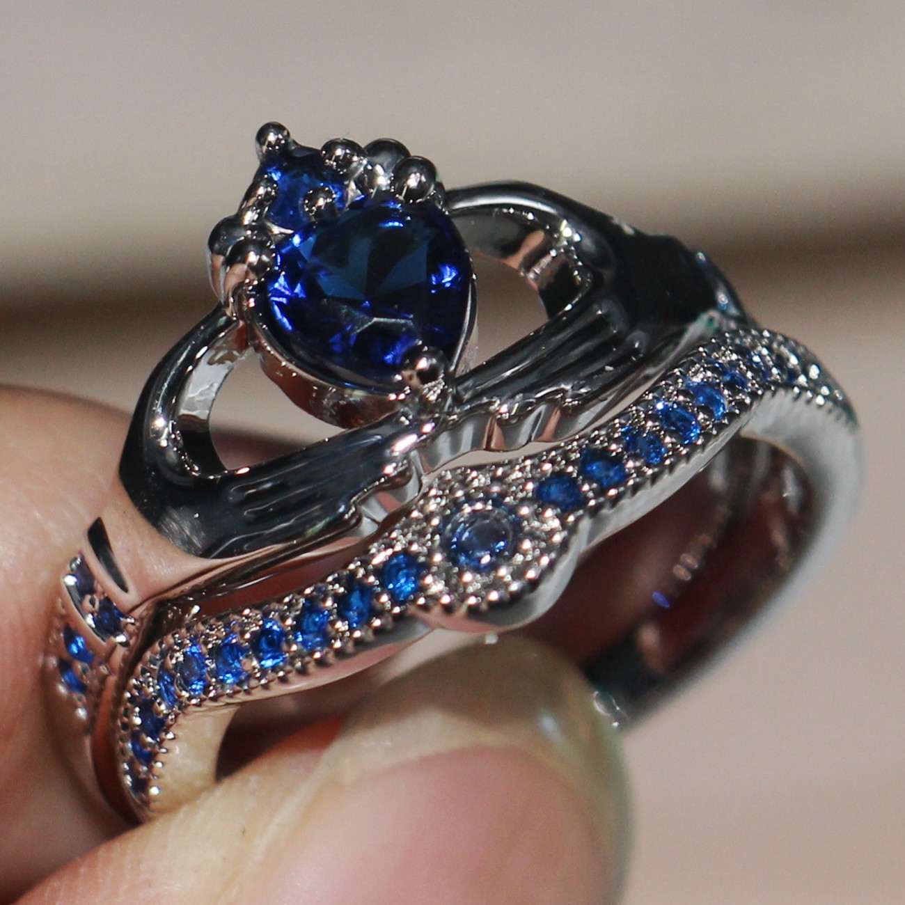 Women's 10K White Gold Filled Heart Blue Sapphire Birthstone Ring, Sizes 5-11