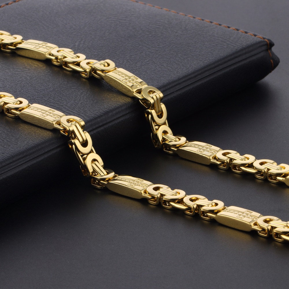 High Quality Stainless Steel Necklace Mens Chain Byzantine Carved Men Jewelry Gold Silver Tone 8mm Width 55cm Length 22inch244P