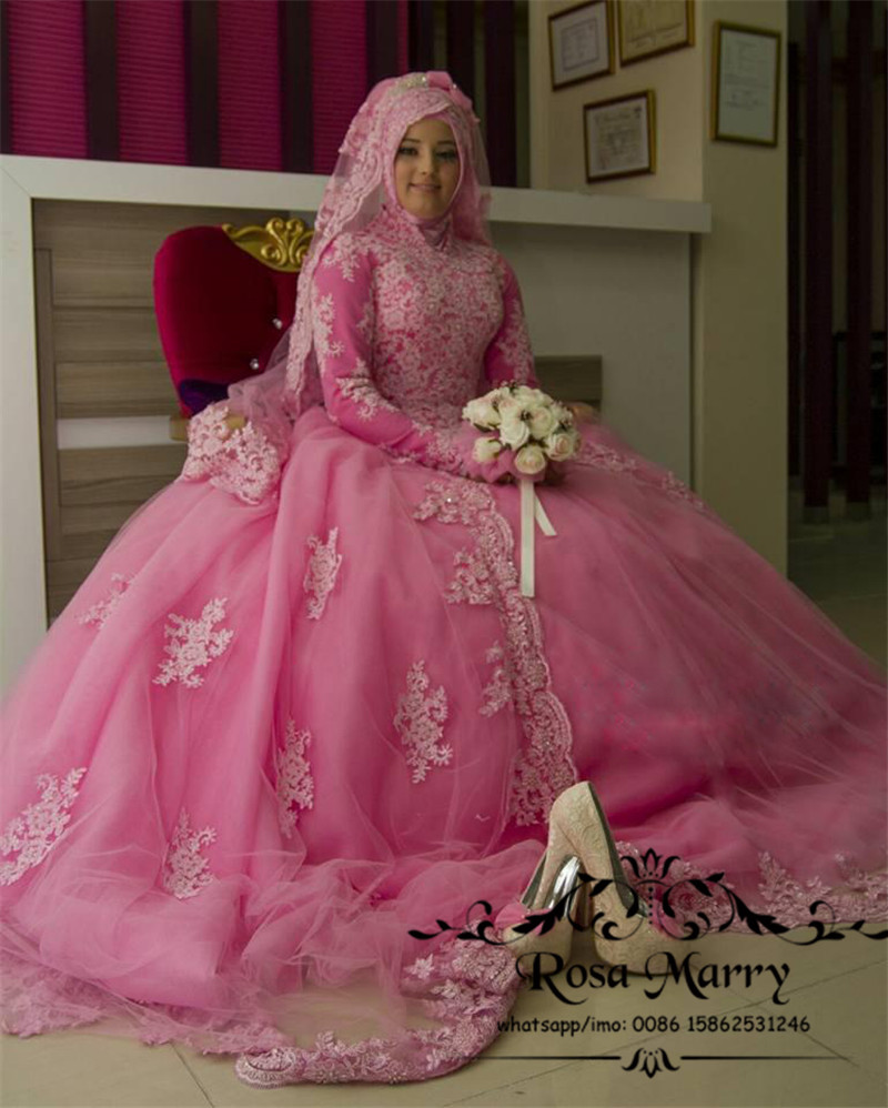 Pink Islamic Hijab Ball Gown Wedding Dresses 2020 High Neck Long Sleeves Vintage Lace Overskirt Plus Size Kaftan Abayas African Bridal Gowns