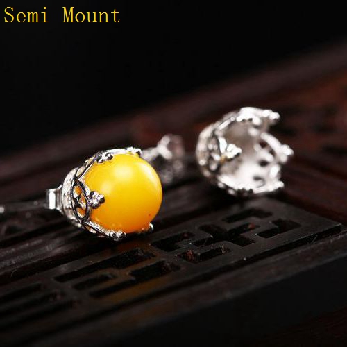 Fine Silver Art Deco 925 Sterling Silver 7x7mm Pearl or Round Bead Semi Mount Stud Earrings