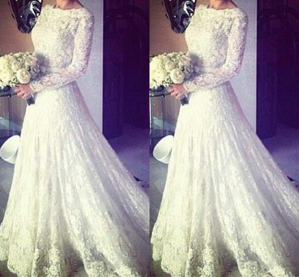 New Muslim Wedding Dresses A Line Jewel Neck Long Sleeves Lace Appliques Beaded Sashes Court Train Button Back Plus Size Bridal Gowns