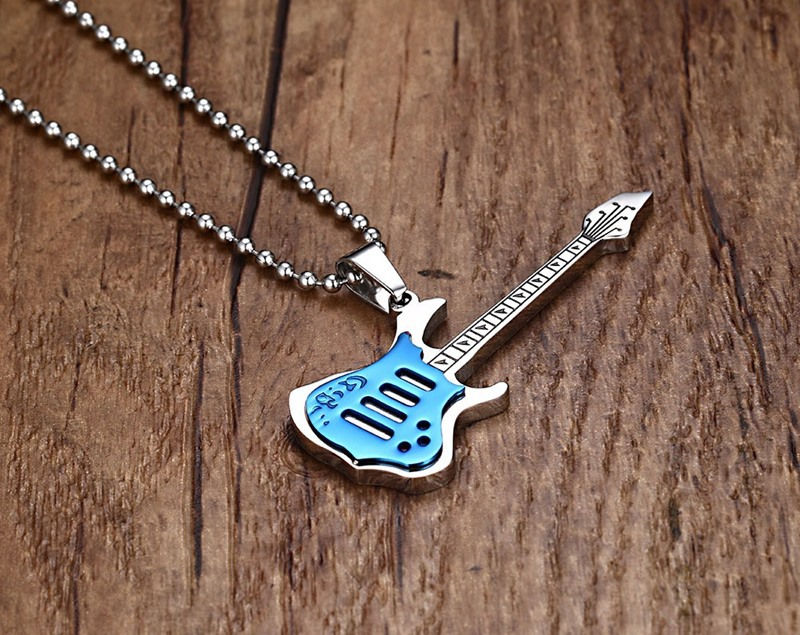 Wholesale-Fashion Guitar Necklace Pendant Music Jewelry Stainless Steel 3 Color Wholesale with 60cm Ball Chain