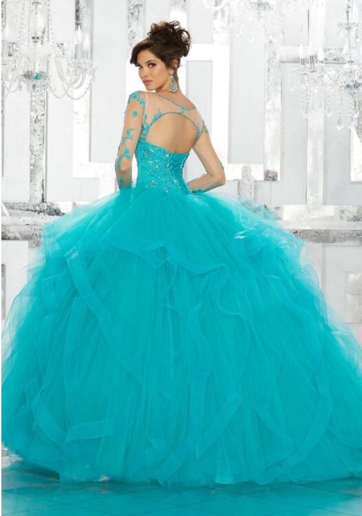 Custom Made Quinceanera Dresses Lace Applique Sequins Long Sleeve Blue Ball Gown Tulle Sweet 15 Gowns Plus Size