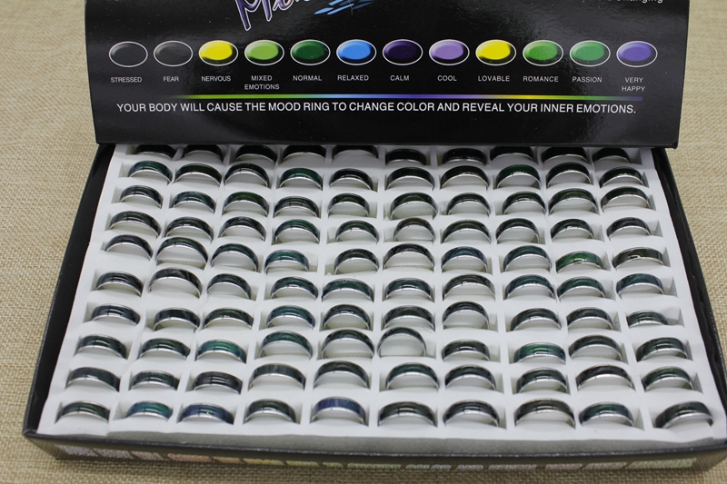 100pcs mixed size 4mm 16 17 18 19 20 fashion mood ring changing colors stainless steel rings with box