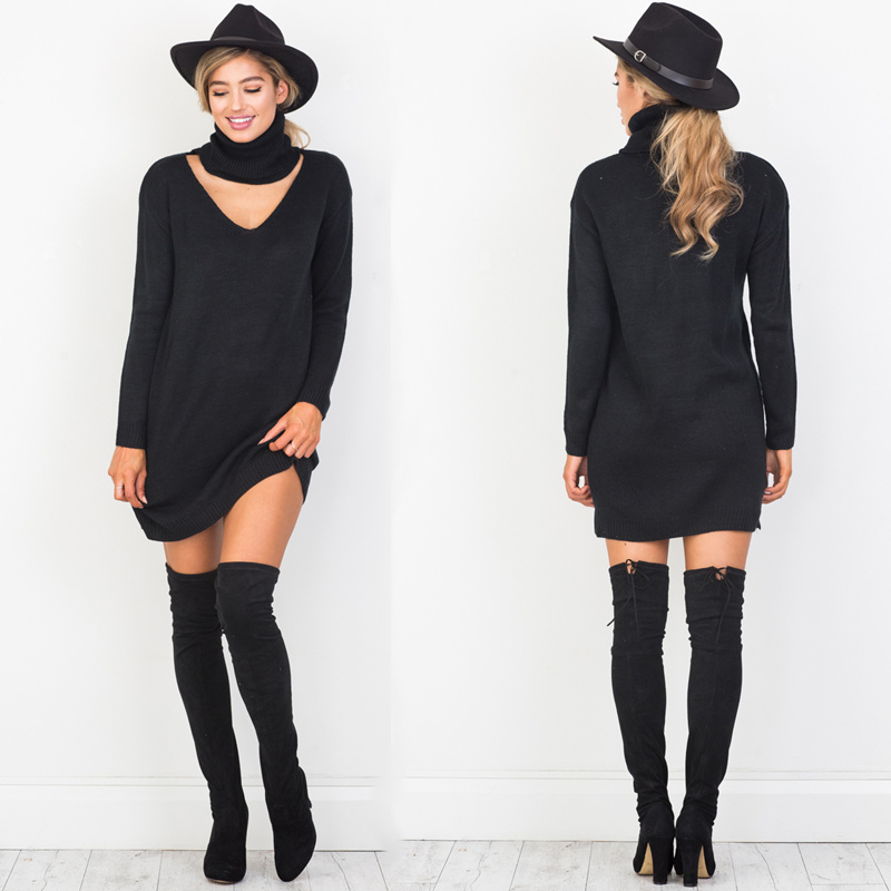 Wholesale-GS122 Womens Autumn Folded Choker High Neck Sweater Knitted Pullover Jumper Casual Winter Long Tops Pull Femme