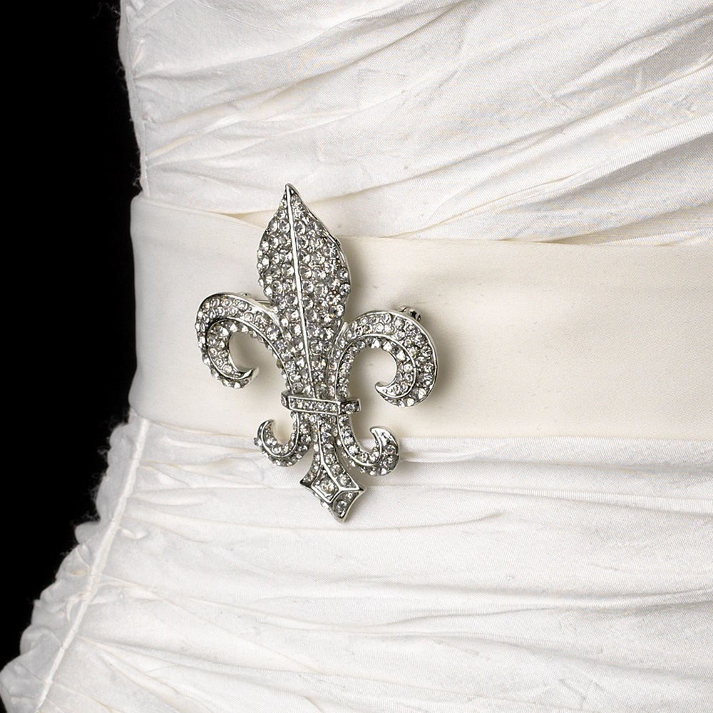 2" Vintage Silver Clear Rhinestone Fleur De Lis Brooch S