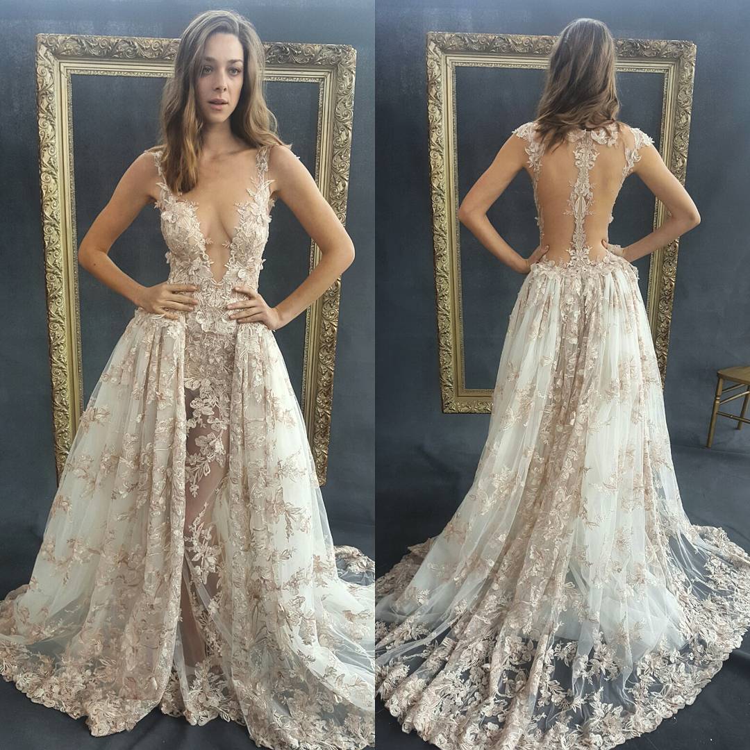 bohemian 3d appliqued aline overskirt wedding dresses sheer plunging neck sheer backless sweep train tulle plus size beaded bridal gowns
