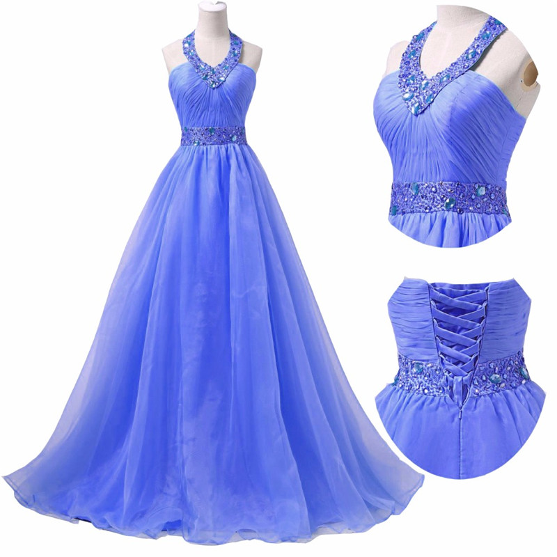 2017 Sexy Halter Crystal A-Line Formal Evening Dresses With Beading Sequined Organza Floor-Length Plus Size Prom Party Celebrity Gowns BE23