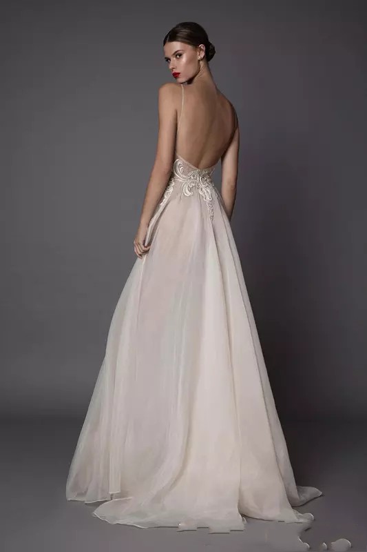 2020 Sexy Berta Wedding Dresses Deep V Neck Spaghetti Straps Embroidered Tulle Backless Summer Illusion Long Boho Bridal Gowns For Beach