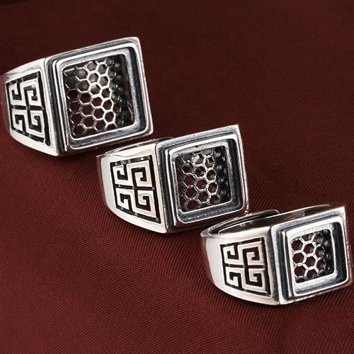 Fine Silver Art Nouveau 925 Sterling Silver Men Ring 9x9 /14x14 / 16x16mm Princess Cabochon Generous Jewelry Setting
