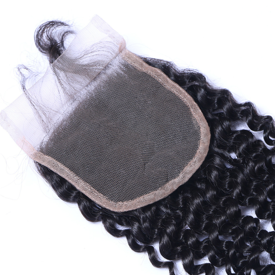 Brazilian Jerry Curly Human Virgin Hair Weaves With 4x4 Lace Closure Bleached Knots 100g/pc Natural Color Double Wefts Hair Extensions