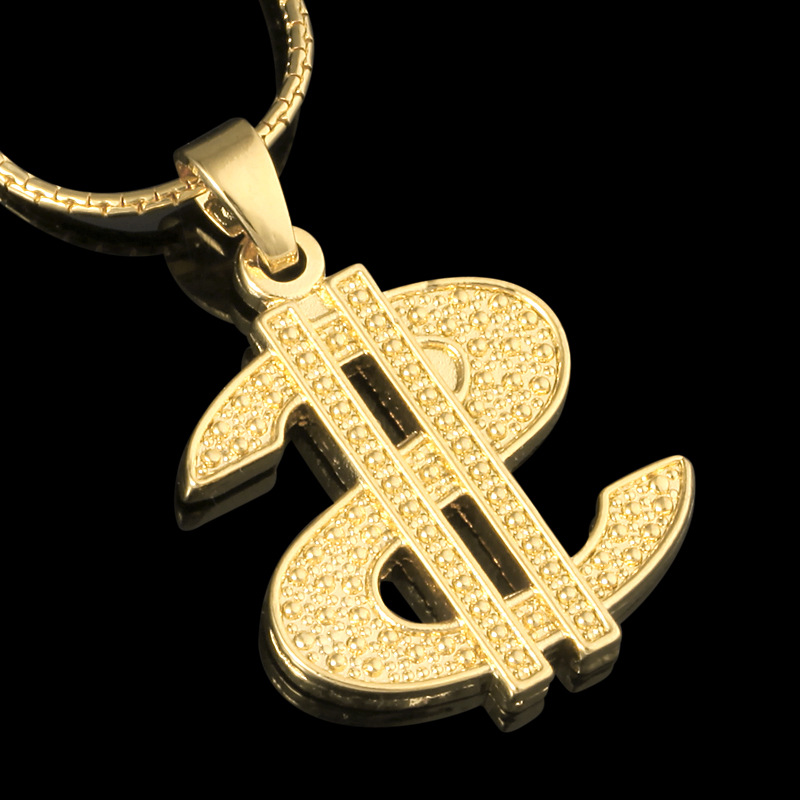 Gold Color $ Money Symbol Pendant Hip Hop Bling Crystal Dollar Sign 76cm Gold Link Chain Pendant Necklace Men Women Jewelry