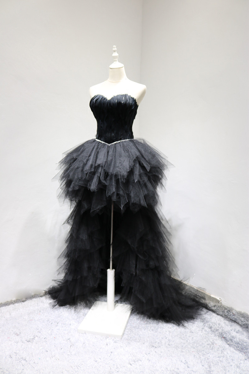 Real Pictures Prom Dress Black Feathers Ball Gown Hi Lo Evening Dresses Quinceanera Dresses High Waist with Beading Sequins