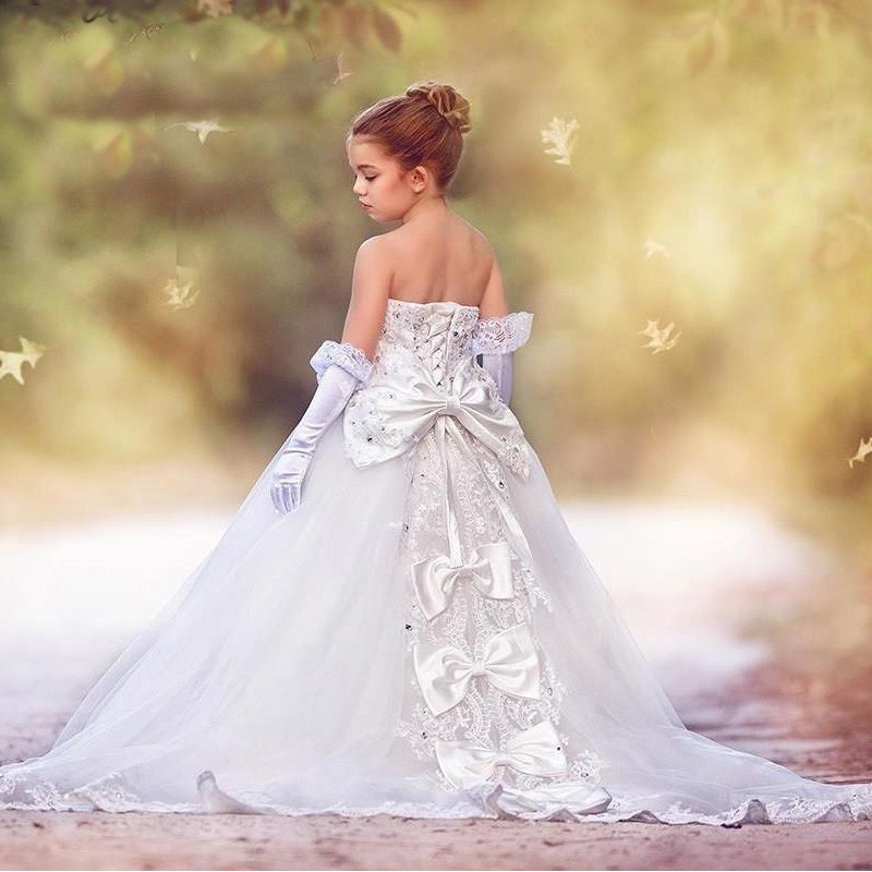 Glitz Little Girls Flower Girl Dresses Sleeveless Off the Shoulder Communion Dresses With Big Bow Lace Up Back Princess Pageant Dresses