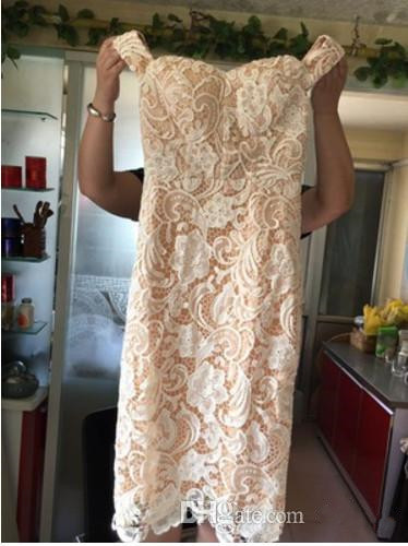 Cheap Full Lace Champagne Cocktail Dresses Real Pictures Slit Knee Length Evening Gowns Elegant Off Shoulder Sheath Formal Guest Dress