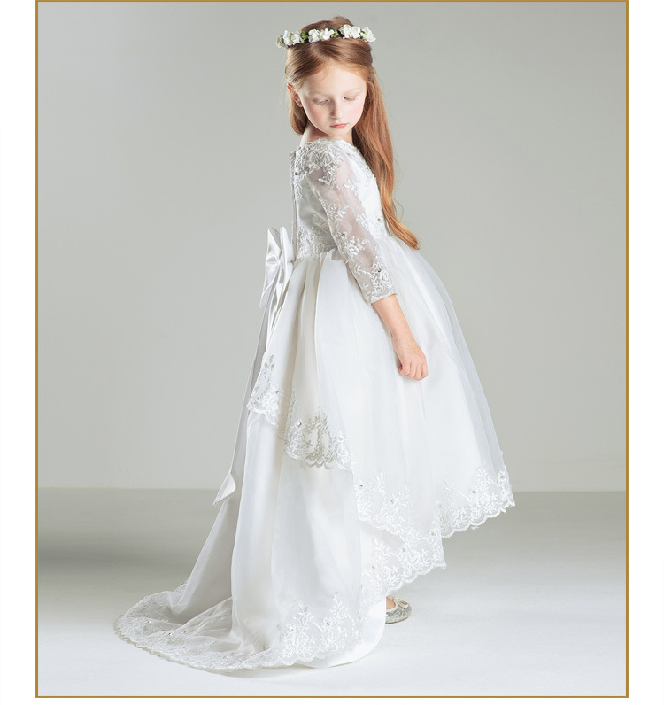 High Low Lace Flower Girl Dresses 3/4 Long Sleeves Beaded First Communion Vintage Little Girls Pageant Dresses With Bow Children