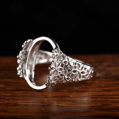 Fine Silver Flower 12x15mm Oval Cabochon 925 Sterling Silver Women Semi Mount Ring Setting