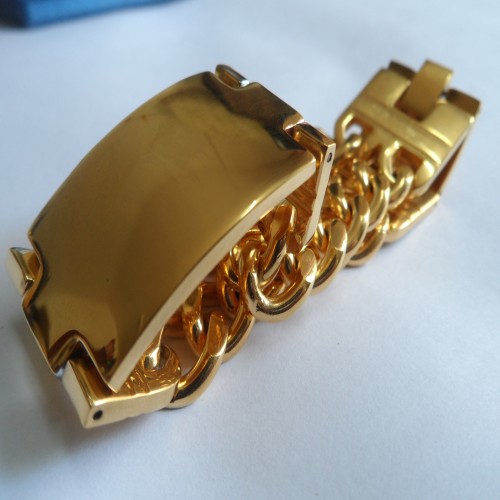 Gold Tone Biker Stainless Steel Fashion new Jewelry 2 Row Curb Chain bangle Smooth ID Bracelet for Men women large 22mm 9 inch