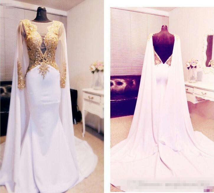Elegant Arabic Beaded Gold Appliques Prom Dresses Long Sleeve 2019 With Cape Backless Formal Evening Gowns Kftan Red Carpet Party Dress