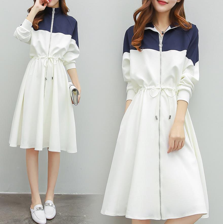 Jacket Dress Long Sports Long Sleeve Stand Collar White Blue Matching Color Patchwork Zipper Pockets Drawstring Waisted Dresses Free Ship
Jacket Dress Long Sports Long Sleeve Stand Collar White Blue Matching Color Patchwork Zipper Pockets Drawstring Waisted Dresses Free Ship