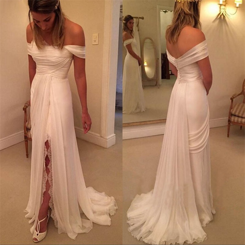 Simple Chiffon Beach Wedding Dress with Lace Slit Strapless Off The Shoulder Long Ruched Sweep Train Empire Plus Size Wedding Gowns Cheap