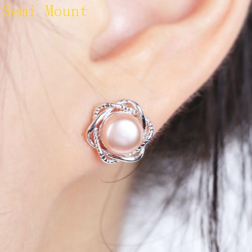 Art Nouveau Fine Silver 925 Sterling Silver Plated White Gold 6mm Pearl or Round Bead Semi Mount Women Stud Earrings Elegant Fine jewelry