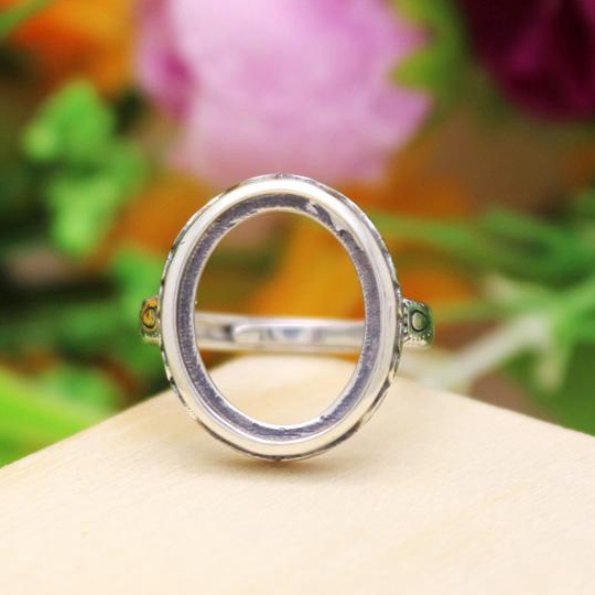 Art Nouveau 925 Sterling Silver Engagement Ring 14x17mm Oval Cabochon Semi Mount Fine Silver Ring Setting