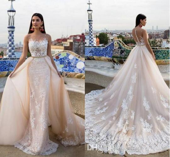 Lace Wedding Dresses with Overskirt Lace Bridal Gowns See Through Applique Bridal Dress Customize Detachable Skirt Removable Train от DHgate WW