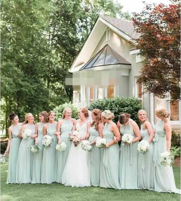 Cheap Beach Bridesmaids Dress Mint Green Country Bridesmaid Gowns Halter Long A Line Maid Of Honor Dress