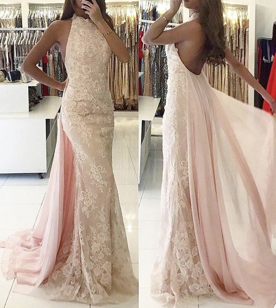 Lace Mermaid Prom Dresses 2018 Halter Sleeveless Backless Floor Length Formal Evening Gowns With Pink Chiffon Overskirt, Chocolate
Lace Mermaid Prom Dresses 2018 Halter Sleeveless Backless Floor Length Formal Evening Gowns With Pink Chiffon Overskirt, Chocolate