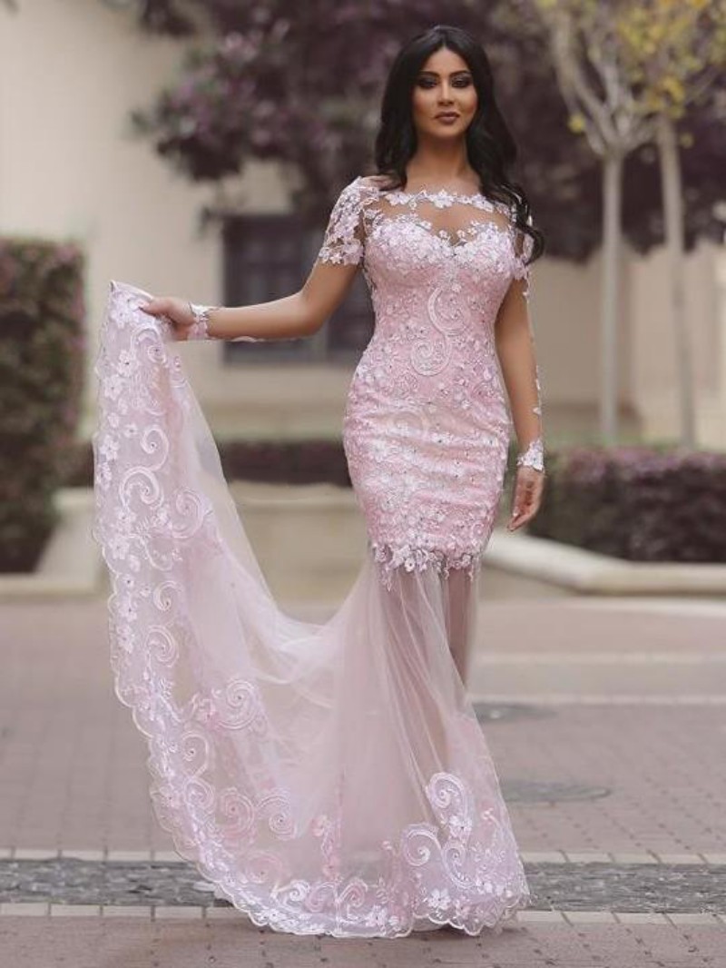 Elie Saab Pink Mermaid Evening Dresses Lace Applique Beads Dubai Arabic Long Sleeve Formal Dress Sweep Train Illusion Prom Gown Party Wear
