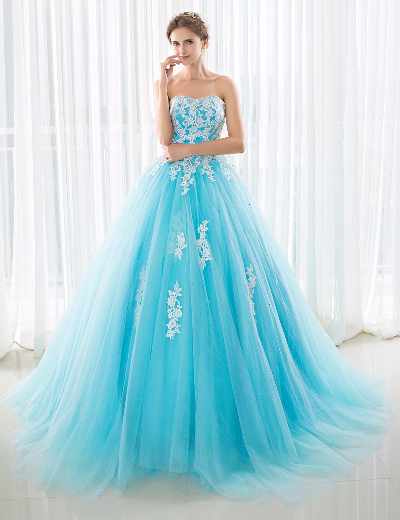 Blue and White Wedding Dresses Ball Gown Court Train Tulle with Applique Beaded Sweetheart Women Bandage Wedding Guest Dress
