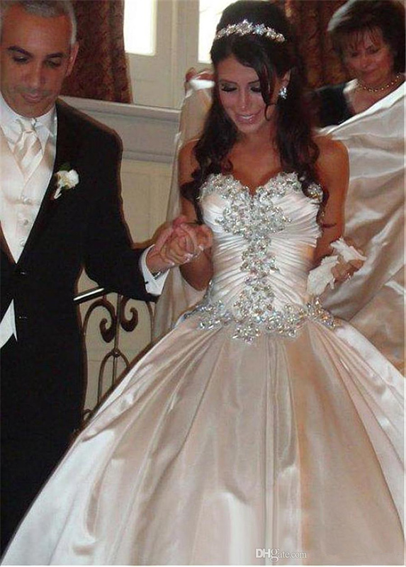 Amazing Crystal Ball Gown Gowns Sweetheart Satin Wedding Dresses Vestido De Noiva Lace-Up Rhinestones Bridal Dress Custom Made 0510