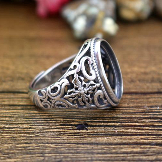 12x18mm Oval Cabochon Semi Mount 925 Sterling Silver Men Ring Art Nouveau Fine Silver Antique Vintage