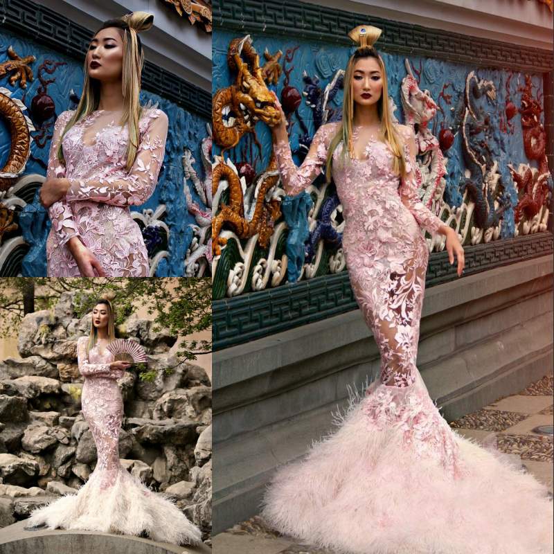 Gorgeous Feather Mermaid Lace Formal Dresses Evening Wear Sheer Bateau Neck Long Sleeves Evening Gowns Sweep Train Appliques Prom Dress, Water melon
Gorgeous Feather Mermaid Lace Formal Dresses Evening Wear Sheer Bateau Neck Long Sleeves Evening Gowns Sweep Train Appliques Prom Dress, Water melon