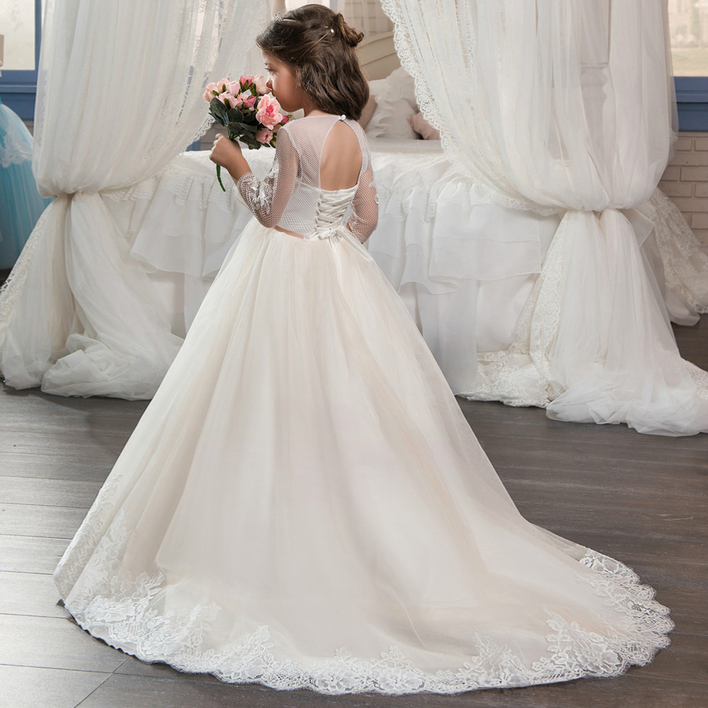 2020 Beautiful Champagne Lace Flower Girl Dress with Sleeves Lace Train Kids Corset Ball Gown Prom Dress for Girls Size 8 12