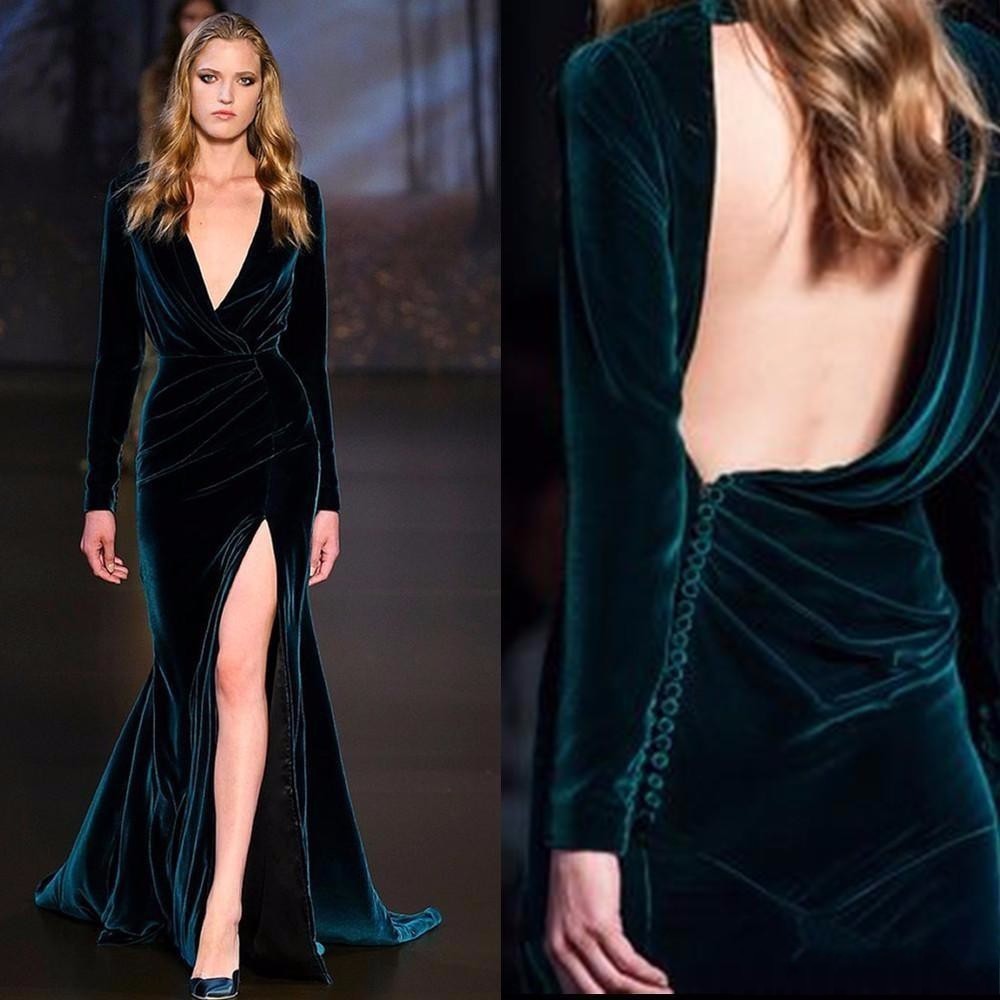 2017 New Sexy Long Sleeve Backless Evening Dresses Velvet Mermaid High Slit Elie Saab Occasion Wear Celebrity Prom Gowns от DHgate WW