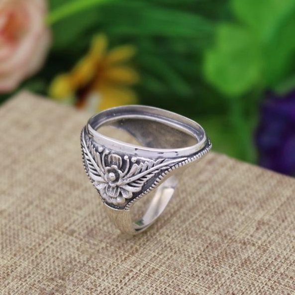 Antique Vintage Art Deco 17x24mm Oval Cabochon Semi Mount Engagement Ring Flower Fine Jewelry Fine Silver Wedding Ring Setting