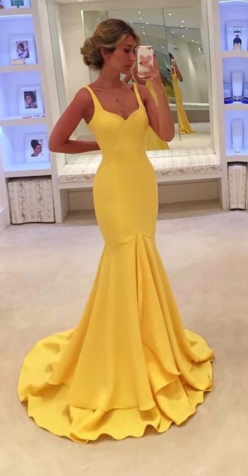 Elastic Satin Mermaid Long Yellow Evening Dress Spaghetti Strap Zipper Up Sweep Train Sexy Prom Party Dresses Vestido De Festa