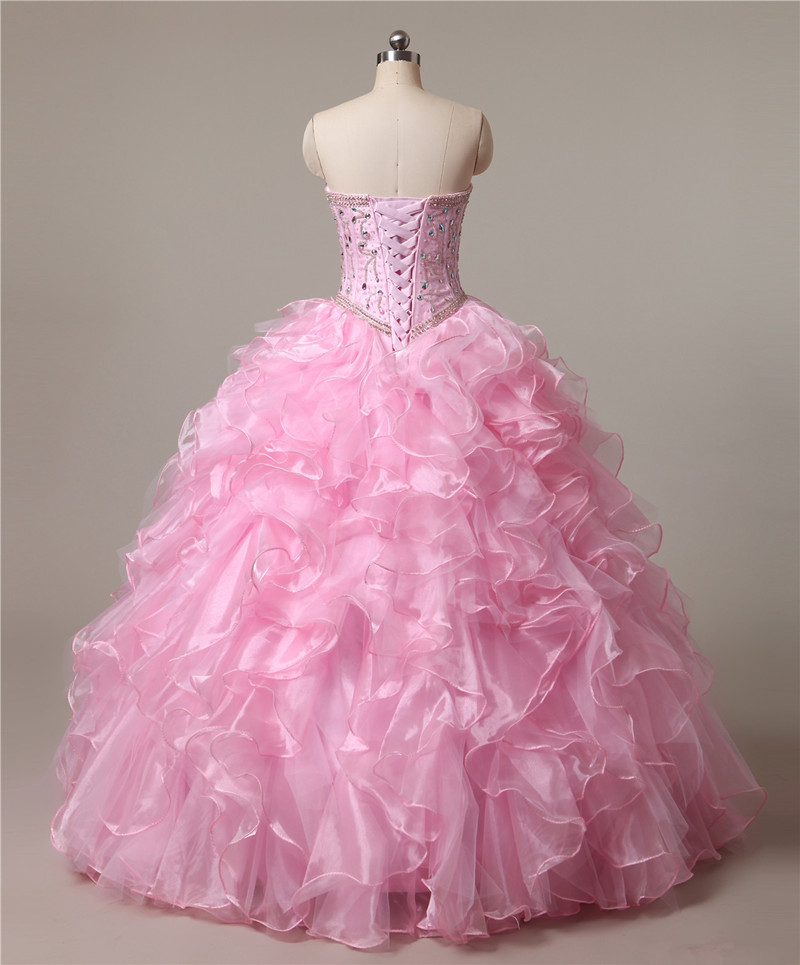 2017 Sexy Pink Crystal Ball Gown Quinceanera Dresses with Beading Sequin Organza Lace Up Sweet 16 Dresses Vestido Debutante Gowns BQ08