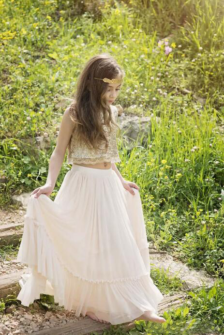 New Popular 2017 Gold Sequined Beige Chiffon Two Pieces Boho Flower Girls Dresses For Weddings Birthday Party Gowns Floor Length EN83013