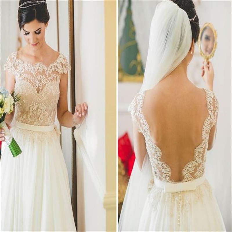Vintage Beach Wedding Dress Romantic Chiffon Sheer Neck Short Sleeve Lace Vestido De Noiva Summer Open Back Boho Bridal Gowns