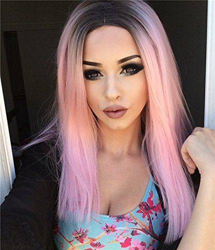 Synthetic Lace Front Straight Wig Ombre Color Black to Pink Medium Hair