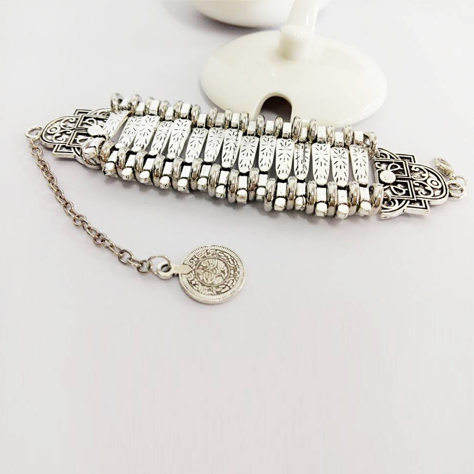Wholesale-Bohemia Carved Plated Silver Coin Bracelet For Women Vintage Tassel Chunky Bracelet Bangle Acciaio Femme