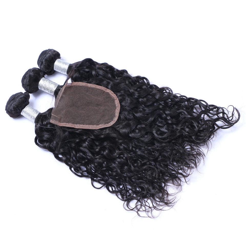 Brazilian Natural Wave Human Virgin Hair Weaves With 4x4 Lace Closure Bleached Knots 100g/pc Double Wefts Hair Extensions